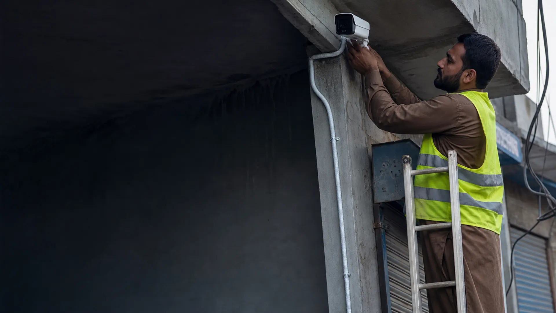 Technician installing a CCTV camera at a Talagang business