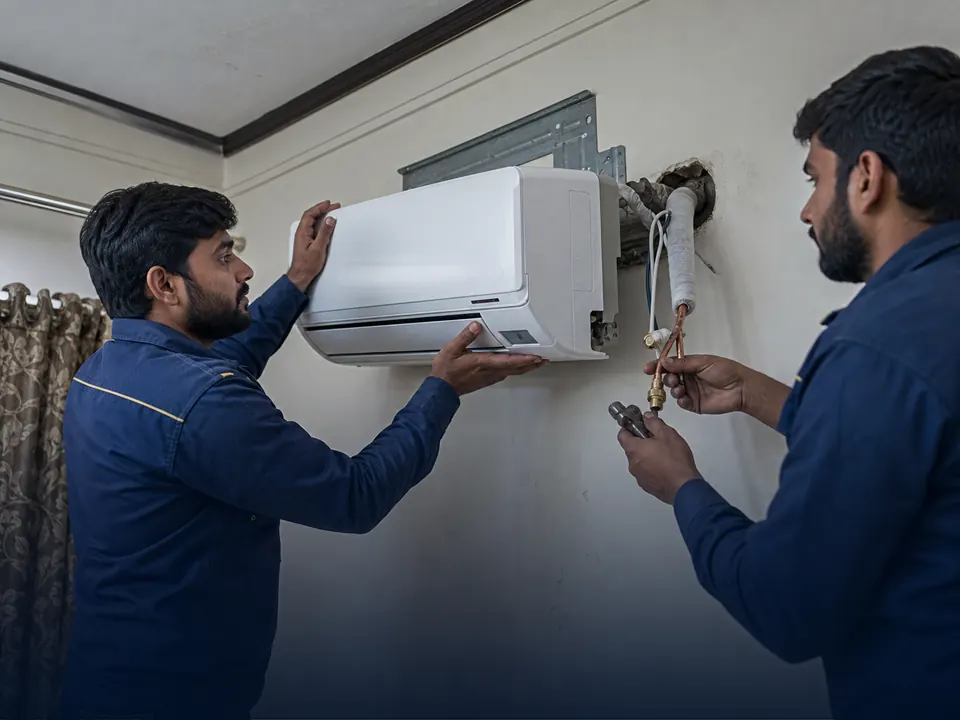 Technicians carefully removing a split air conditioner for shifting