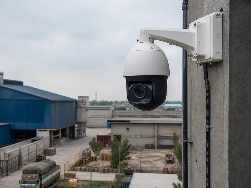 PTZ speed-dome camera overlooking a factory yard
