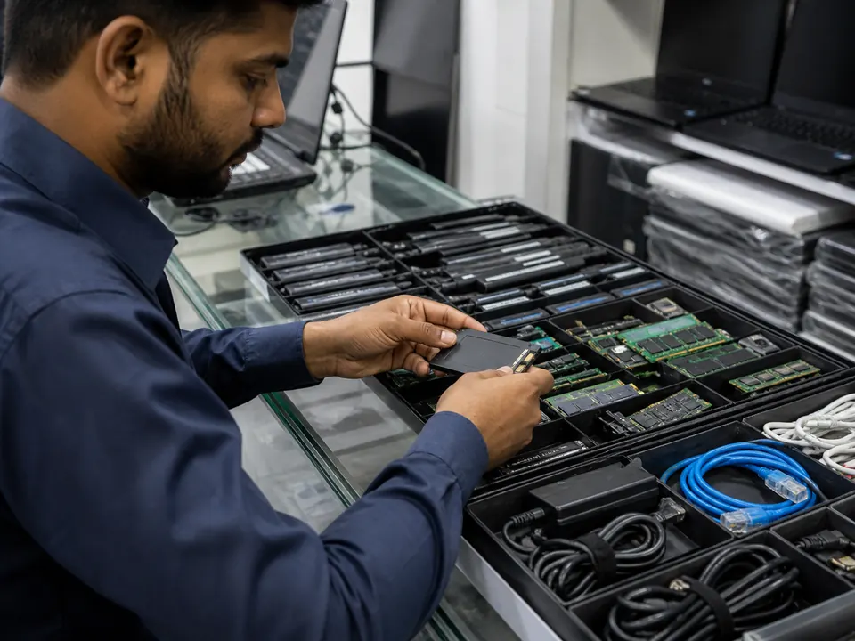 Technician selecting an SSD from organized computer service parts