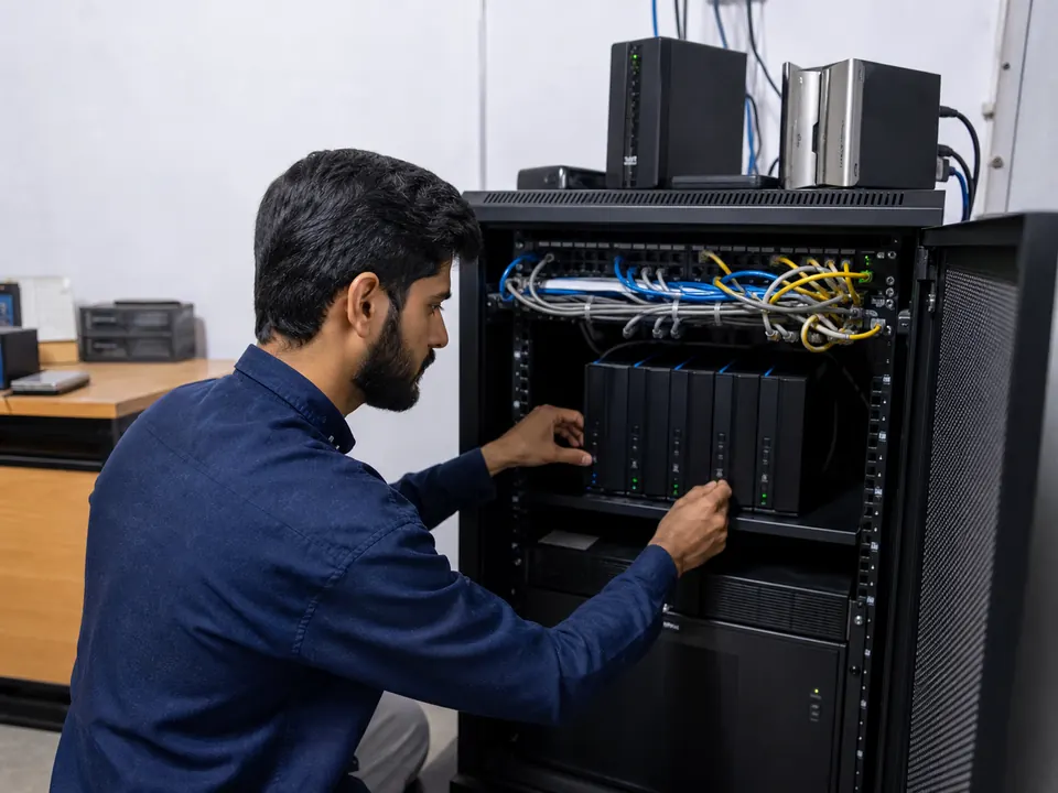 Technician organizing a small-business server and storage cabinet