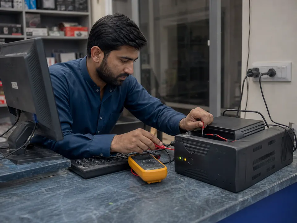 Technician testing a UPS power backup for a business computer