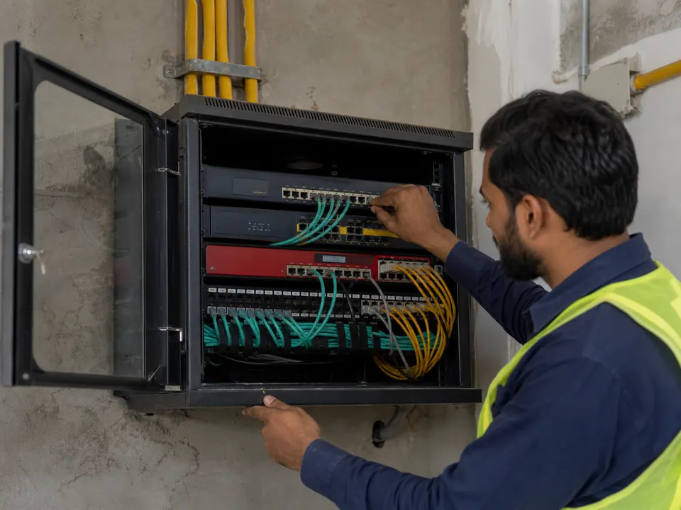 Technician configuring a router and firewall cabinet