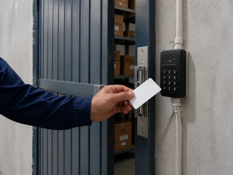Access card being presented to a stock-room keypad reader