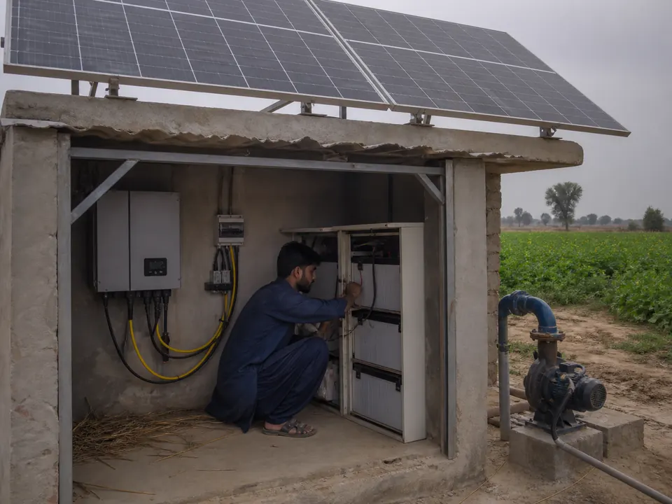 Off-grid solar and battery system powering farm equipment