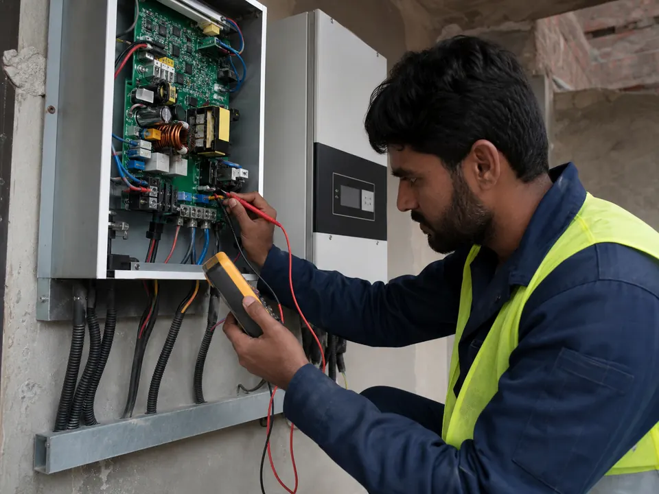 Technician diagnosing an open solar inverter with a multimeter